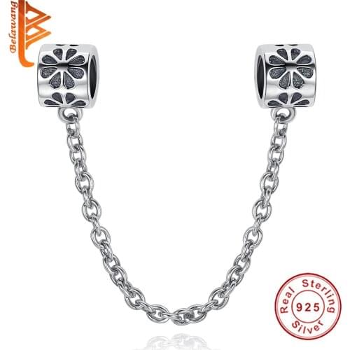 BELAWANG 100% 925 Sterling Silver Daisy Flower Beads Safety Chain Fit Charms Bracelet&Bangle for Women DIY Jewelry Accessories