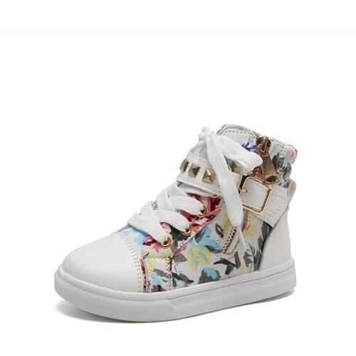 Girls autumn floral single shoes 2020 new metal zipper children high-top metal buckle rivet decoration canvas shoes