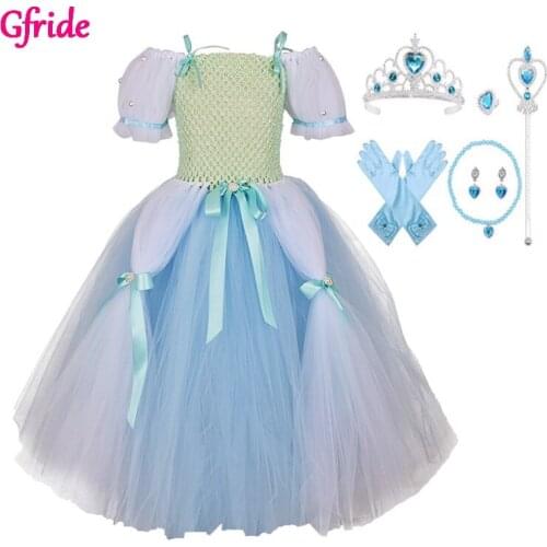 Girls Cinderella Long Tulle Dress Grown Wand Gloves For Kids Эльза Анна Costume Child Cosplay Halloween Birthday Party Dress