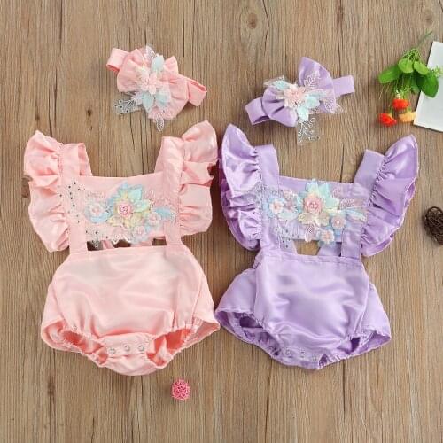 Newborn Baby Girl Clothes Lace Ruffle Floral Print Romper Headband 2Pcs Summer Sleeveless Outfits Sunsuit for 0-18 Months