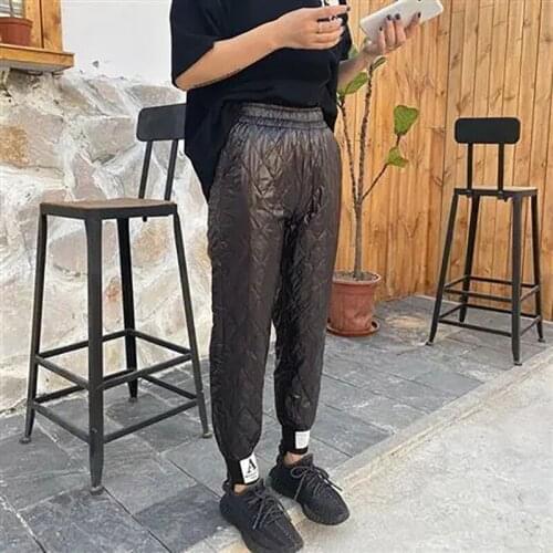 Korean Autumn Fashion Trousers Women Casual Down Cotton Warm Velvet Baggy Pants New Glossy Thick Large Size Loose Quilted Pants