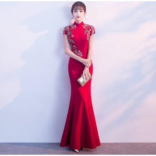2020 Fashion Bride Mermaid Chinese Evening Dress Red Embroidery Wedding Qipao Traditional Cheongsam Retro Long Dresses China