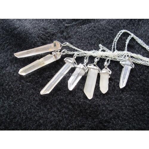 Natural Clear Quartz Point Pendants Gem stone necklace with silver plated necklase 5pcs/lot