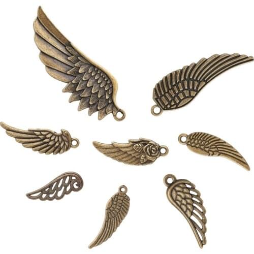 PandaHall 30pcs 24~56x9~21x1~2mm Antique Bronze Color Plated Tibetan Style Alloy Wing Pendants for Necklace Jewelry Making DIY