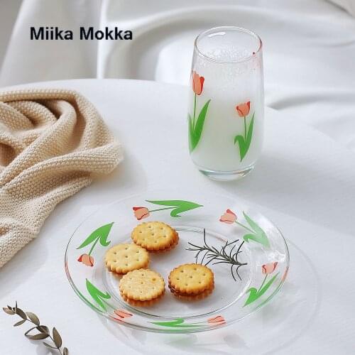 Japanese Styel Rose Tulip Flower Pirnt Glass Plate Simple Salad Dishes Dessert Plate Stand for Cake Snack Tray Fruit Plate