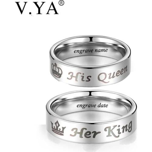 V.YA Fashion DIY Couple Jewelry Her King & His Queen Rings Stainless Steel Romantic Wedding Rings for Women Men Engagement Bands