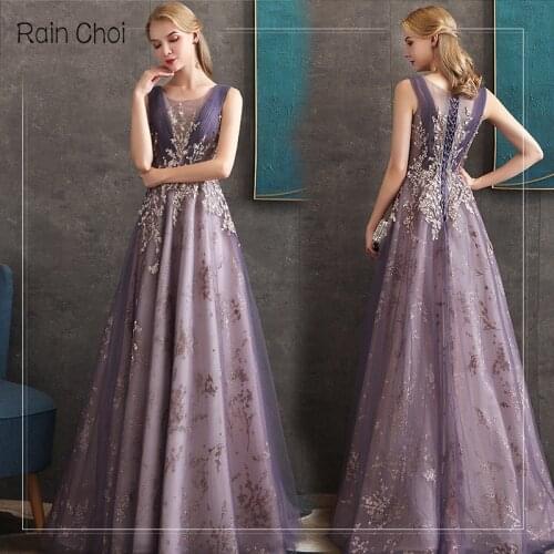 Evening Dresses Long Applique Tulle Purple Party Dress Long Formal Prom Gowns
