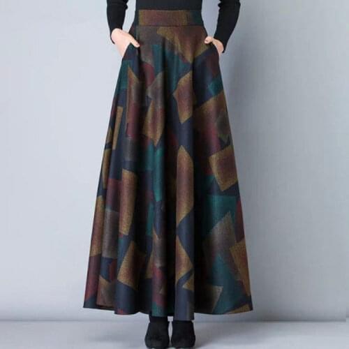 Retro Autumn Winter Woolen Skirt Women Elastic High-waist Big Size Mid-length A-line Skirt Print Elegant Skirt Jupe Femme f2592