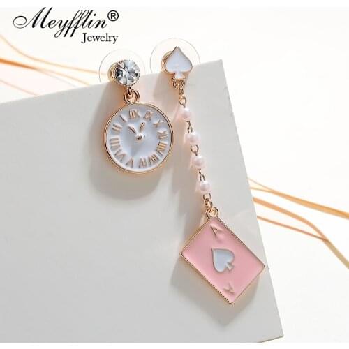 Meyfflin Poker Card Alarm Clock Asymmetrical Long Earrings for Women 2020 Created Pearl Dangle Earring Fashion Jewellery Gifts