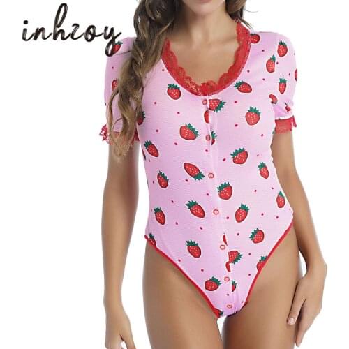 Women Adult Baby Jumpsuit Diaper Love Button Crotch Romper Strawberry Lace Trimming Bodysuit Sleepwear