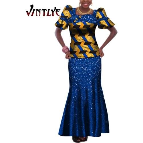 Women Party Robe African Clothing 2 Piece Sets T Shirt and Sequins Skirts Ankara Print Africaine Femme Evening Clothes PromWY157