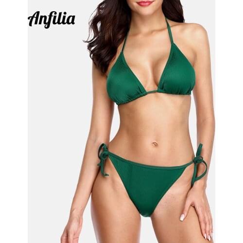 Anfilia Women Bikini Low Waist Swimsuit Solid Color Halter Swimwear Bandage Bikini Set Sexy Bathing Suit Retro Vintage Beachwear