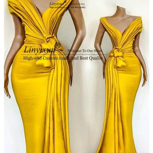 Sexy 2021 Stunning Yellow Prom Dresses Mermaid V-Neck Off Shoulder Long Formal Evening Party Gowns For Women Robe De Soiree