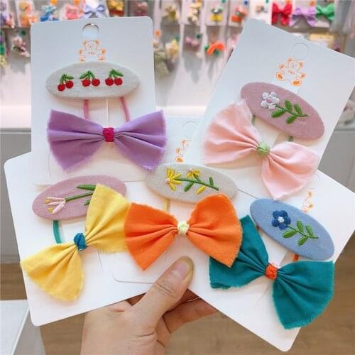 2 Pcs New Fashion Childrens Cute Embroidery Flowers BB Clip Sweet Girl Princess Fabric Bow Rubber Band Hair Rope Headdress