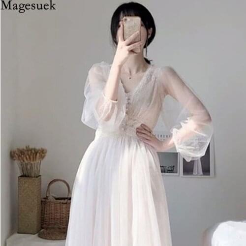 White Dress Women 2021 Summer Plus Size Elegant Button A-Line Vestidos Puff Sleeve Empire V-Neck Lace Voile Mesh Dresses 8126 50