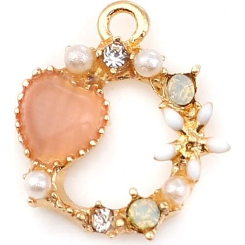 DoreenBeads Fashion Zinc Based Alloy Enamel DIY Pendant Circle Ring Gold White Heart Pink Rhinestone Acrylic Imitation, 5 PCs