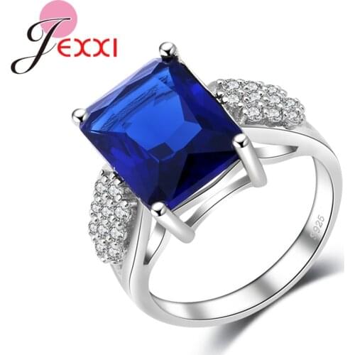 Classic Wedding Jewelry Women Square Crystal Ring Sparkly Blue Zircon 925 Sterling Silver Finger Accessories for Female