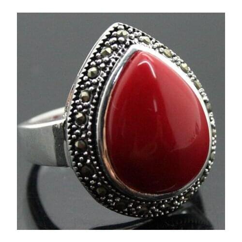 Free shipping 25*20mm RARE JEWELRY DROP RED Coral 925 SILVER RING SIZE 6/7/8/9