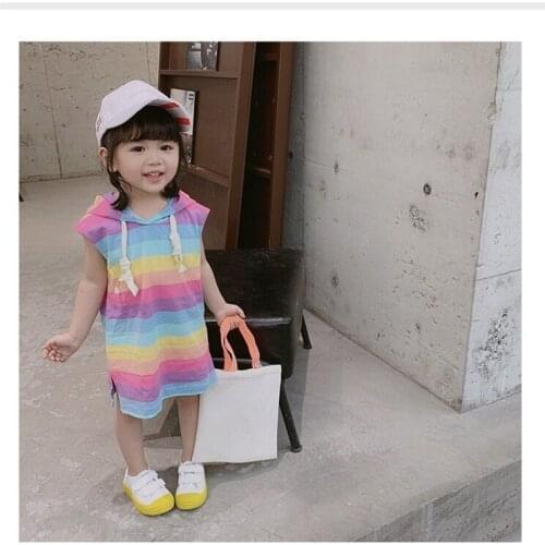 Summer Kids Dresses for Girls Fashion Rainbow Striped Sleeveless Dress Hooded Kids Clothing Casual Toddler Girls Clothes 2019