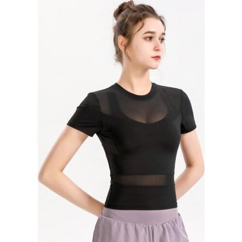 Summer Short Sleeve Yoga Tops Quick Dry Mesh Stitching Gym T-Shirt Women Elasticity Tight Sports Crop Tops Fitness Running Top