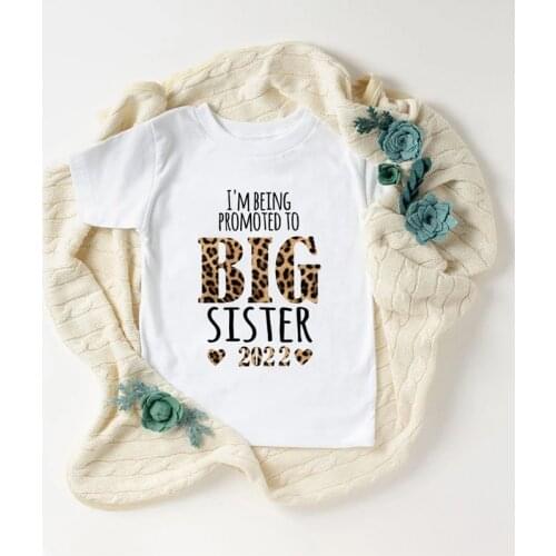 Promoted To Big Sister 2022 Leopard Letter Print Summer Fashion Children Tshirt Short Sleeve White T Shirt Kids Clothes