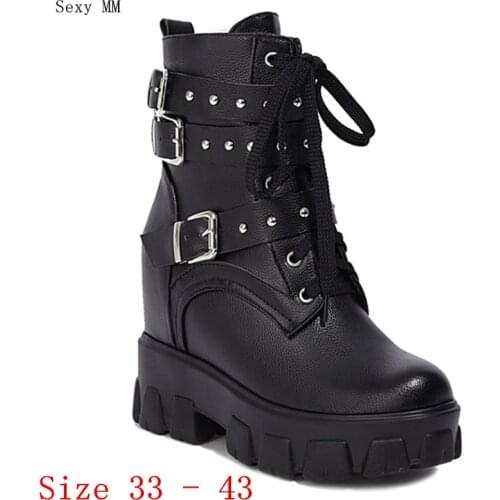 Autumn Platform Women Mid Calf Boots Booties Wedges Height Increasing Woman Short Boots Shoes Small Plus Size 33 - 40 41 42 43