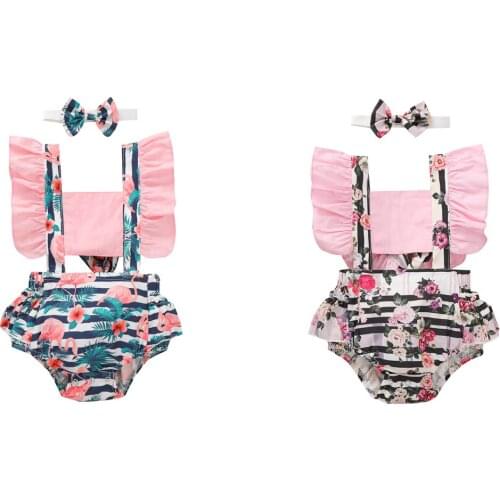 0-24M Summer Baby Girl Playsuit Floral Striped Print Hollow Ruffle Short Sleeve Romper+Headband Sweet Outfits 2pcs
