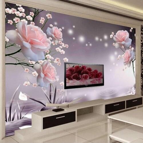 Custom 3D Photo Wallpaper Self-adhesive Beautiful Pink Rose Flowers Modern Living Room Sofa TV Background Wall Sticker Mural 3D