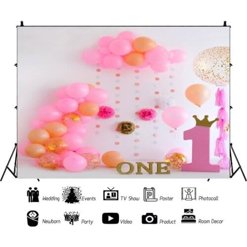 Pink Balloons Clouds Portrait Photography Backdrop One Year Birthday Party Photo Background Vinyl Photocall Booth Props