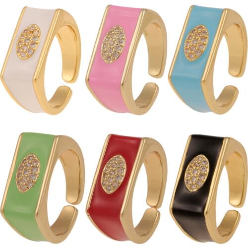 6 Colors Simple Enamel Open Rings For Women Paved With Shiny Cubic Zirconia Trendy Personality Hip Hop Style Finger Ring