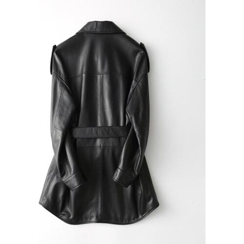 Real Fashion Leather Female Jacket 2020 Spring Autumn Korean Vintage Streetwear Genuine Leather Trench Coat Women 29108