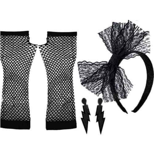 Women 80s Fancy Dress Accessories Retro Party Costume Set Adult Tutu Skirt Neon Fishnet Gloves Beaded Necklace Bracelet Earrings