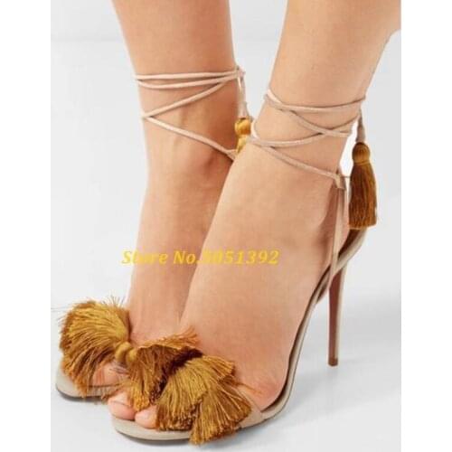 Tassel Lace Up Sandals Thin High Heel Open Toe Cut Out Dress Runway Ladies Shoes Fringe Ankle Strap Concise Women Sandals