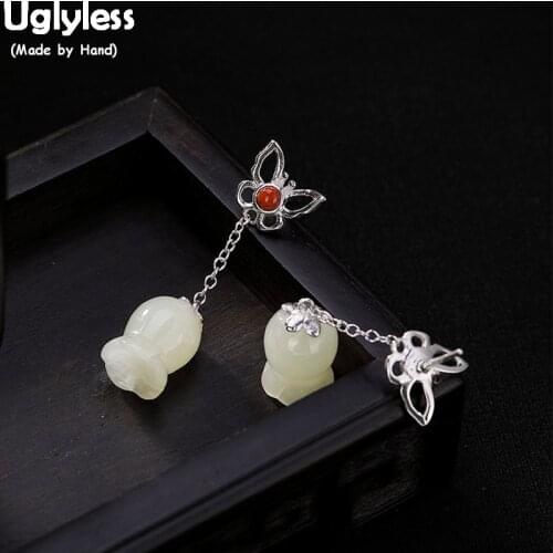 Uglyless Real 925 Sterling Silver Handmade Hollow Butterfly Earrings Lily of the Valley Jade Earrings for Women Floral Brincos