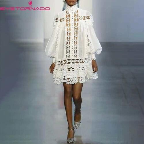 Women Hollow Out Lace Party Dress Lantern Sleeve White Mini Fashion Chic Streetwear Club Boho Dress E6802