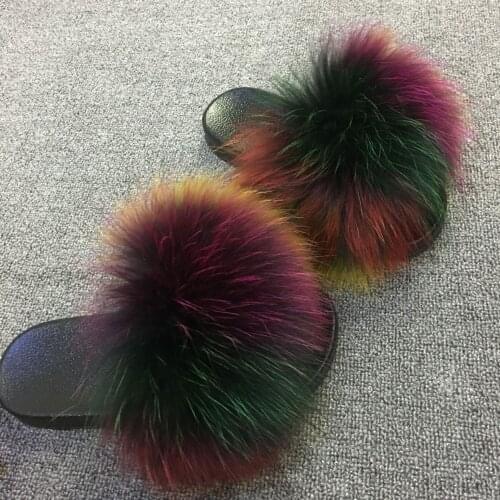 2020 Summer holiday Women Fox Fur Slippers 100% Real Fur Slides Casual Beach Plush Shoes
