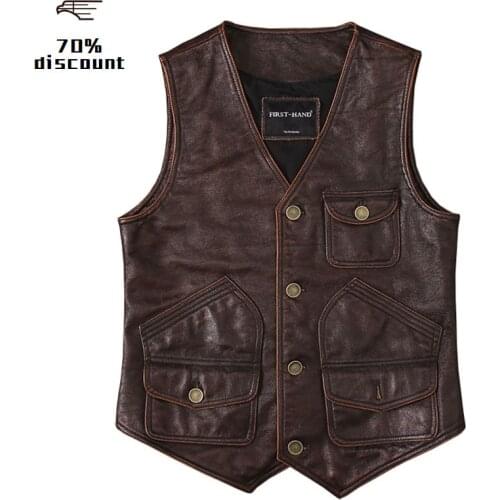 2020 Vintage Brown Men American Casual Style Leather Vest Plus Size XXXL Genuine Cowhide Spring Short Natural Vest FREE SHIPPING