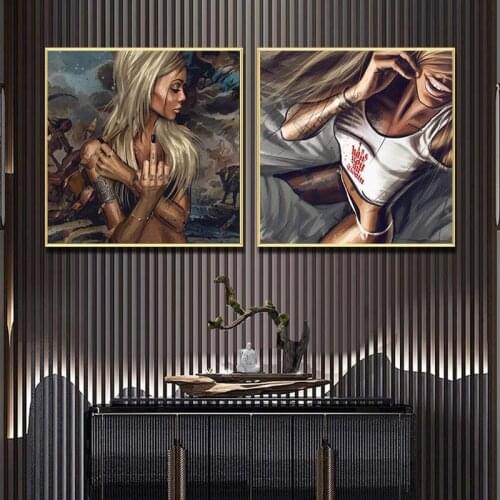 Abstract Cool Sexy Girl Tattoo Canvas Painting Wear Glasses Sex Women Portrait Posters Prints Wall Art Pictures for Living Room