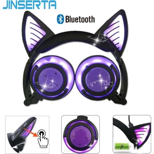 JINSERTA Bluetooth Earphone Cat Ear Wireless Headphones Microphone Flashing Glowing Headset w/LED Light For PC Laptop Adult Kids