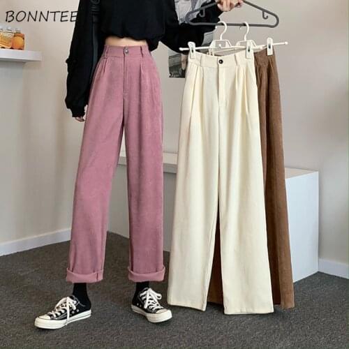 Pants Women Chic Lovely Vintage Corduroy Fall Spring College Girls Wide-leg Trousers Ulzzang Popular High Waist Femme Bottom New