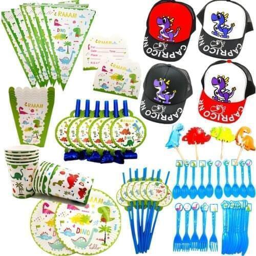 Dinosaur Party Disposable Tableware Kits Paper Cups Plate Dinosaur Banner Birthday Decoration Kids Party Supplies Shower Favors