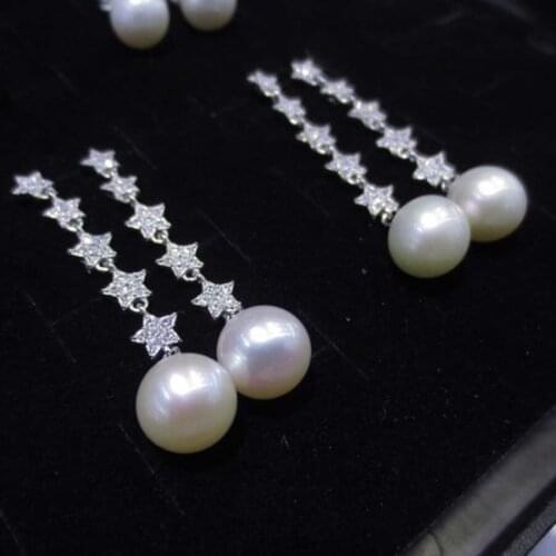 8mm round freshwater pearl long dangle earring stars style s925 silver