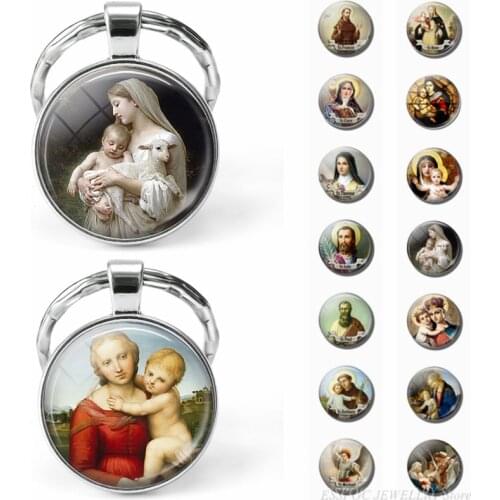 HOT Virgin Mary and Baby Jesus Christian Keychain Glass Jewelry Catholicism Key Chain Religion Easter Pendant Gift Dropshipping