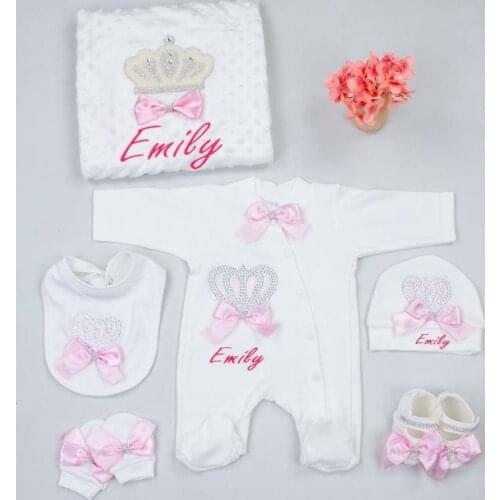 Personalized Suit Girl Baby Rompers Newborn Blanket Name Embroidered Girls Male Clothes 6pcs Sets Clothing Babies Toddler Model