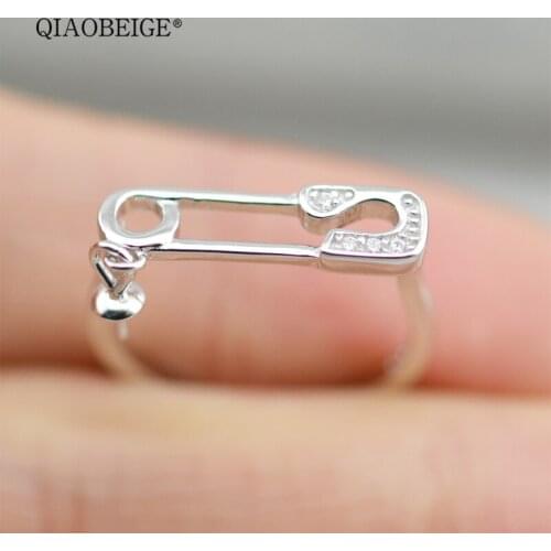 QIAOBEIGE open clip design ring pearl holder mountings100% 925 sterling silver gluing perle bijoux for women accessories store