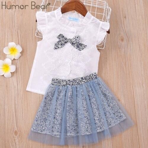 Humor Bear Children Girls' Clothing Set NEW Girl Clothes Flying Sleeve bow Tops+Floral Printed Skirts 2pcs Toddler Kids Clothes