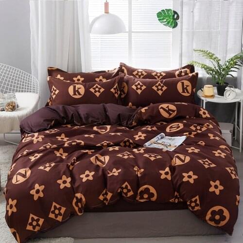 Brown Flower Letter Adult Luxury Comforter Bedding Set Modern Fashion King Queen Twin Size Bed Linen Duvet Cover Set Gift Hot