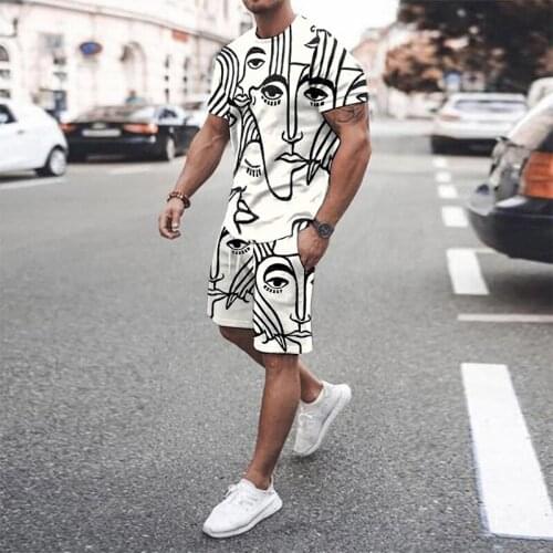 Men Retro Pattern Printed Two Piece Sets Summer Mens Fashion Outfits Casual Short Sleeve O-Neck Tee And Shorts Pants Tracksuits