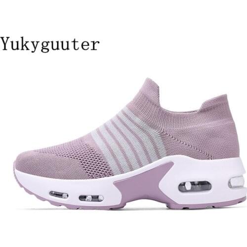 Shoes Woman Outdoor Breathable Air Cushion Knit Upper Height Increasing Athletic Sneakers Stripe Sport Running Plus Size 35-42