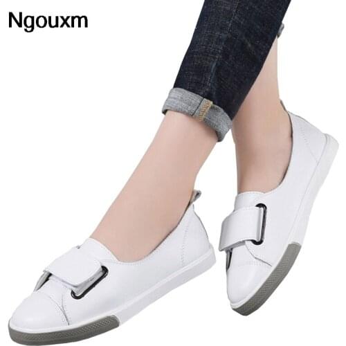 Ngouxm 2021 Spring Autumn Women Loafers Flats Lady Slip-on White Genuine Leather Moccasins Casual Female Shoes